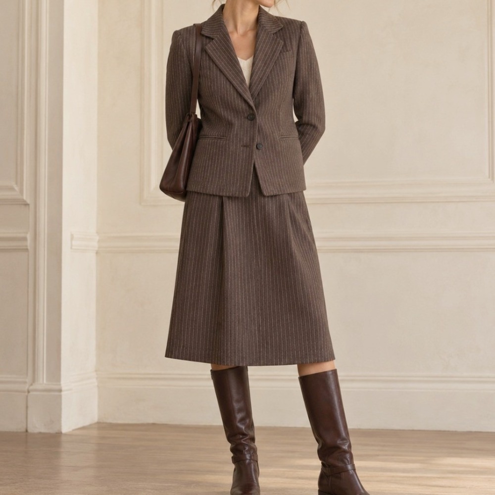 Vintage Wool Blend Midi Skirt Suit Pinstripe 10 Brown Blazer Set Academia Preppy